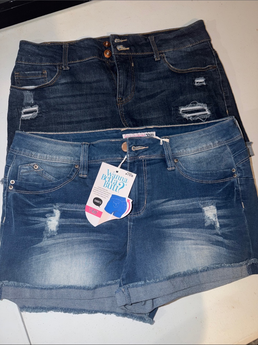 Wanna Betta Butt? Mid-Rise Distressed Jean Shorts - Blue